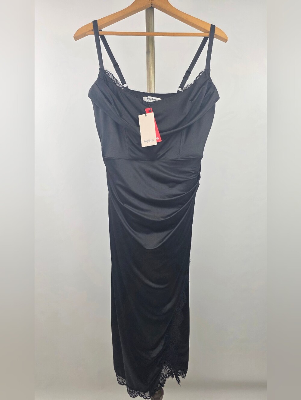 Popilush Women's Black Lace Corset Satin Ruched Cocktail Shapewear Midi Dress XL - Picture 6 of 12